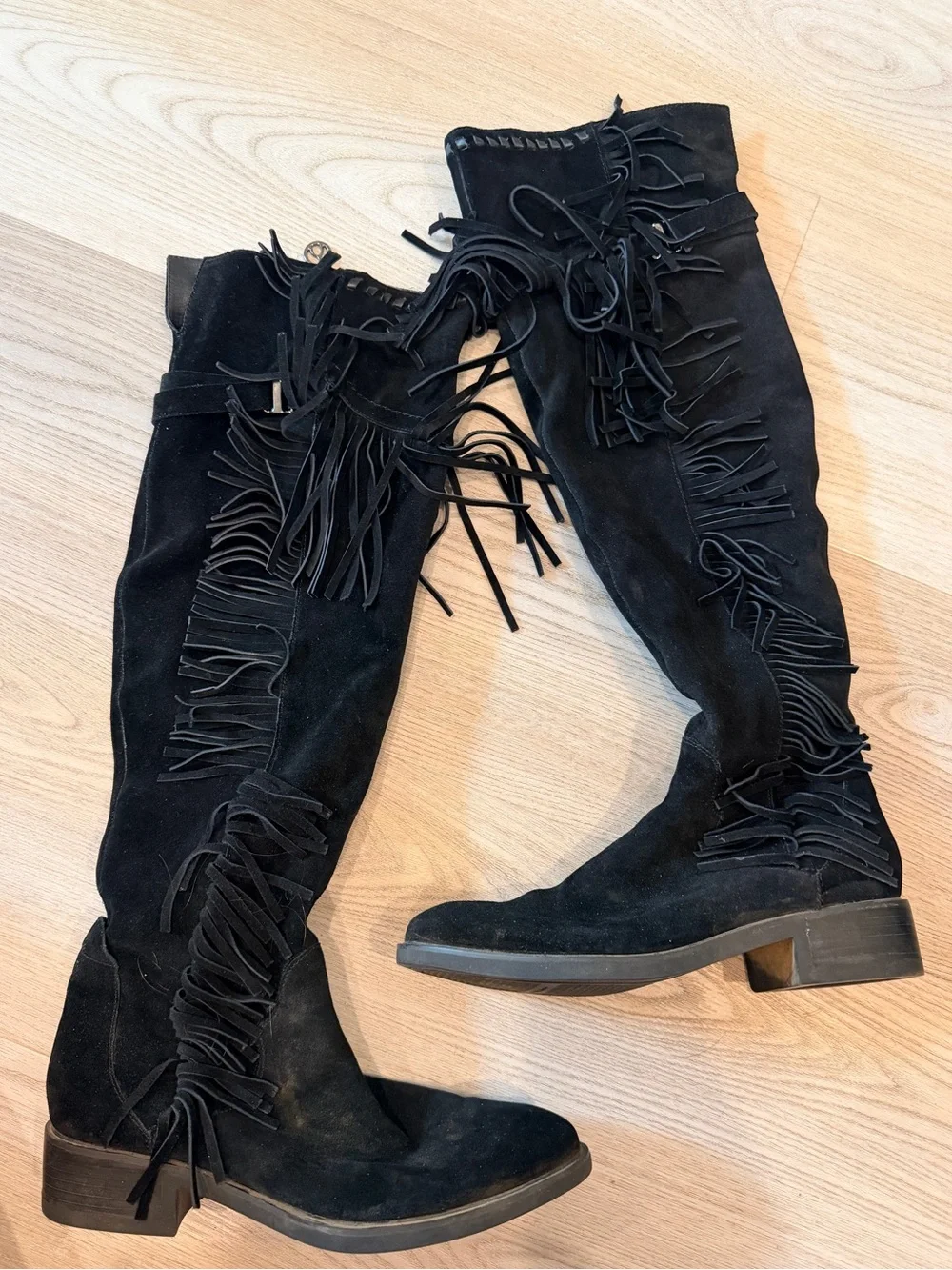 Black Suede Knee high Fringe Boots